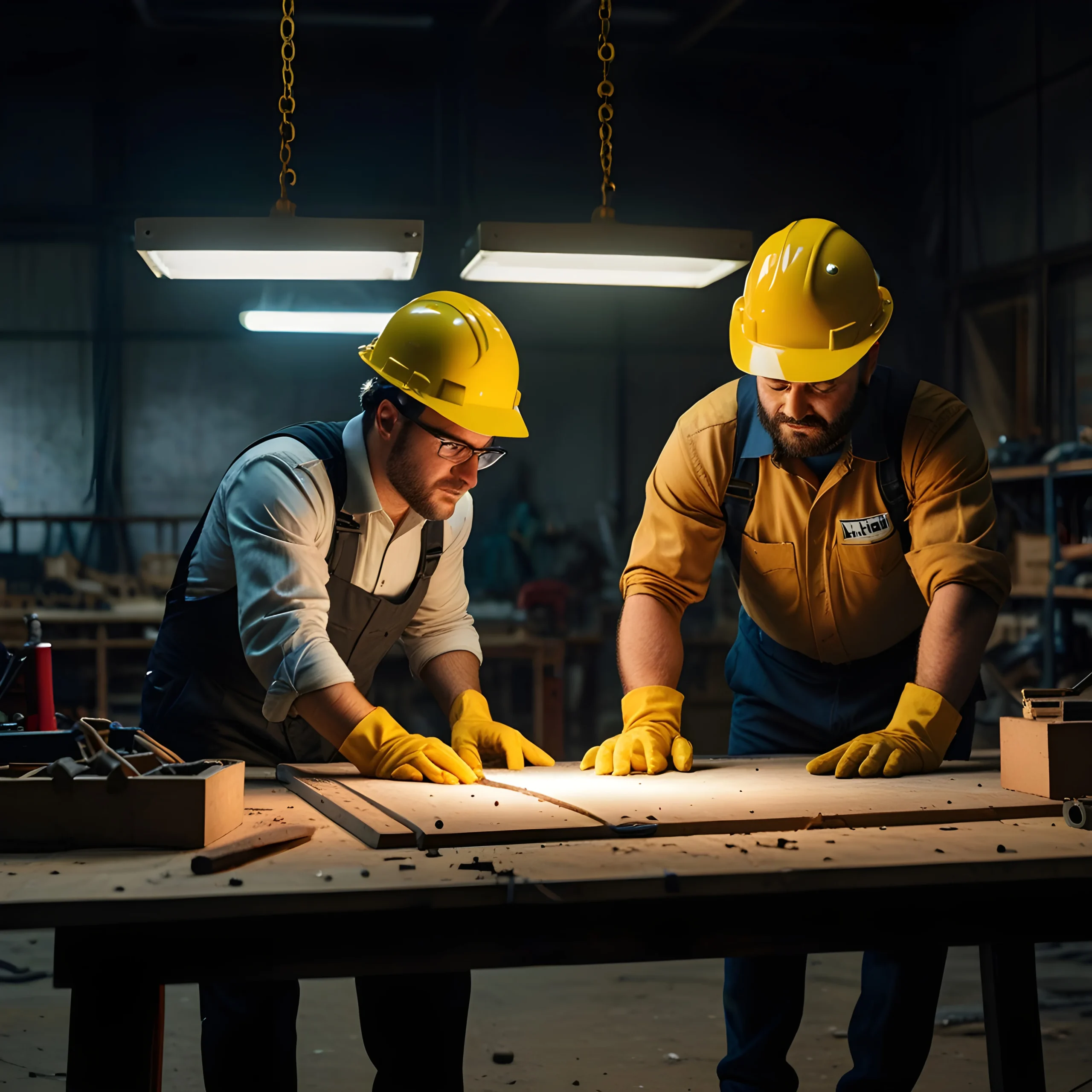 three men wearing safety gear hard hats are standing around table with blueprints scaled